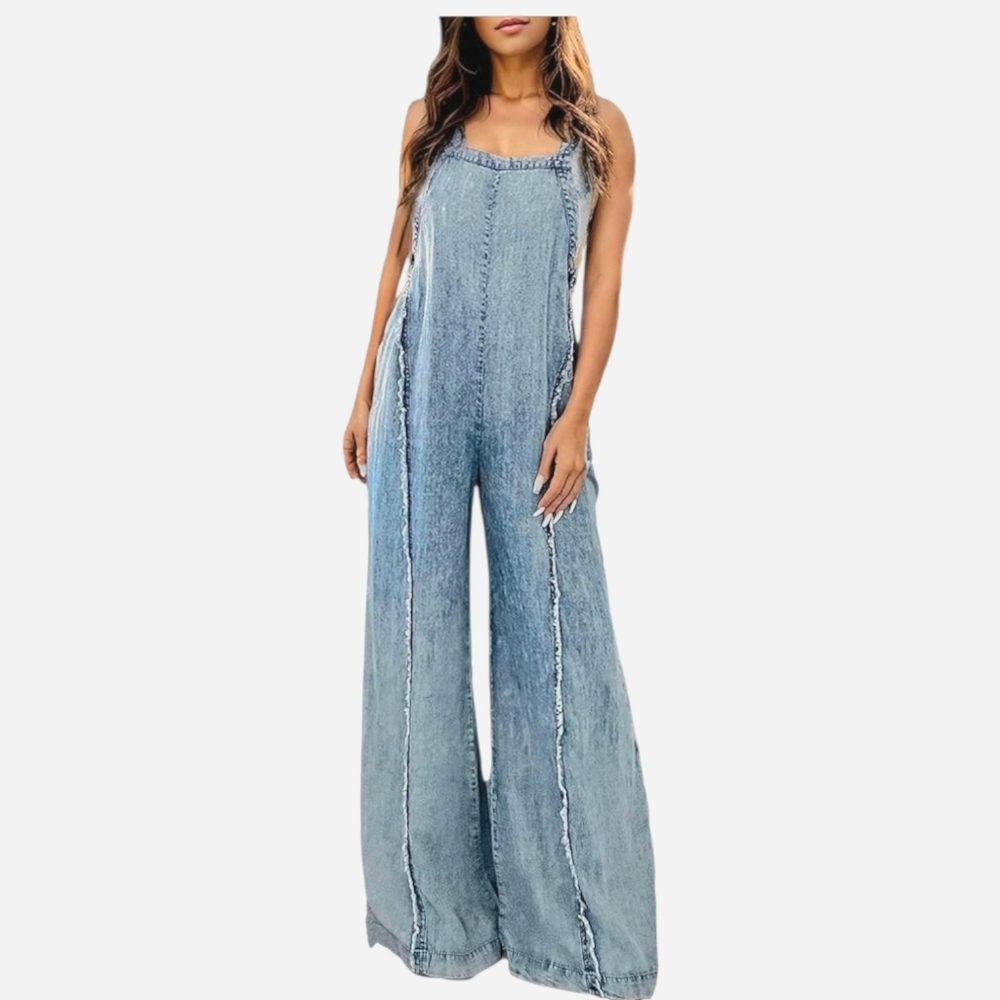 Loose Fit Wide Leg Denim Jumpsuit with Exposed Seams
